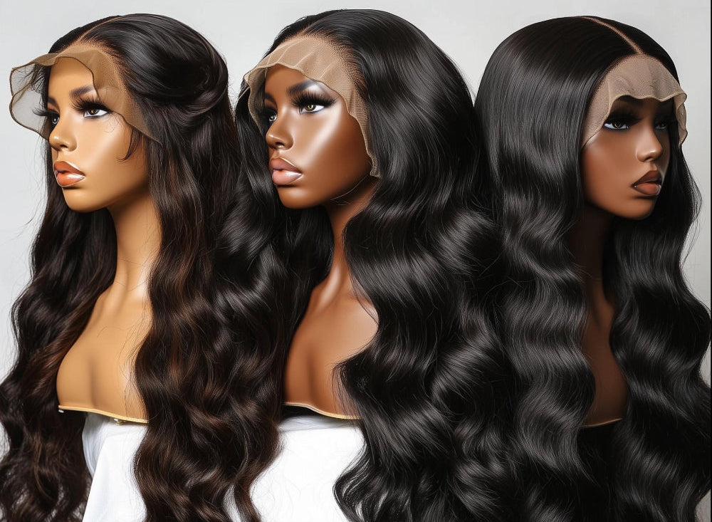 Three mannequin heads with long, wavy black wigs on a neutral background